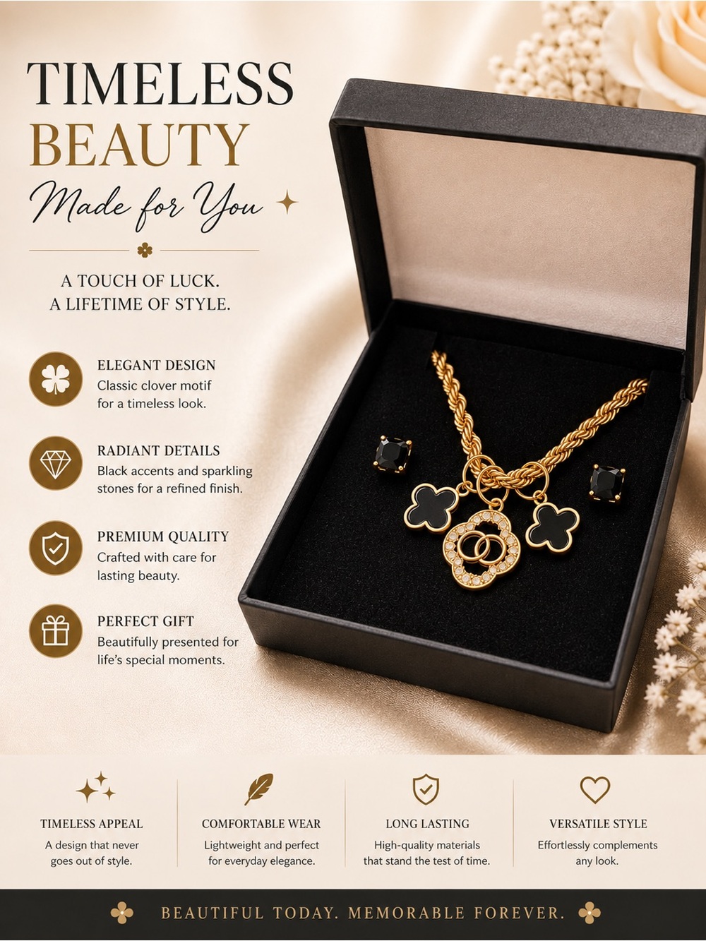 Timeless Beauty Gold & Black Finish Clover Pendant Bracelet Set